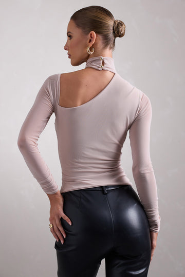 Nicole Champagne Ruched Mesh Asymmetric Top With Long Sheer Sleeves
